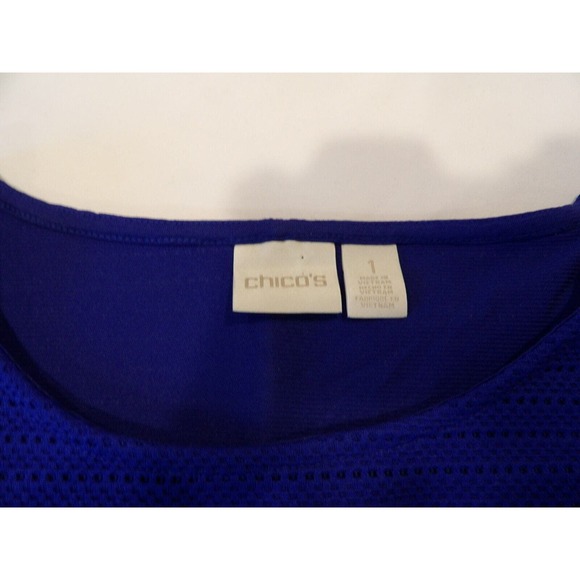 Chicos Size 1 Medium Blouse Blue Mesh Layered Cutout Boho High Low Batwing - Picture 4 of 10